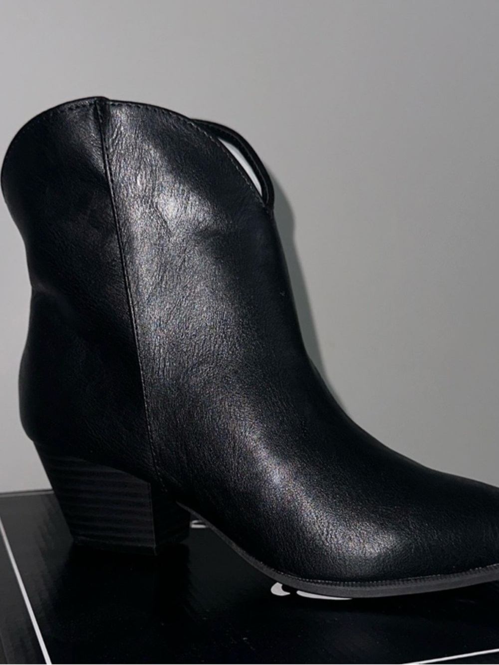Qupid Black Faux Leather Ankle Bootie with Stacked Heel